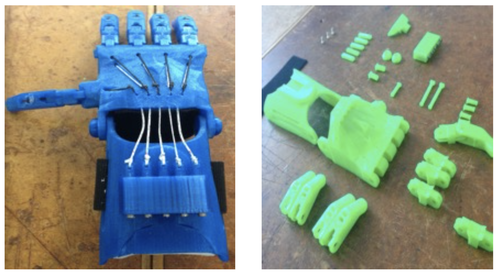 Left: Photo of a blue e-NABLE hand, make from 3D printed parts. Right: Photo of pieces of a green e-NABLE hand, disassembled.